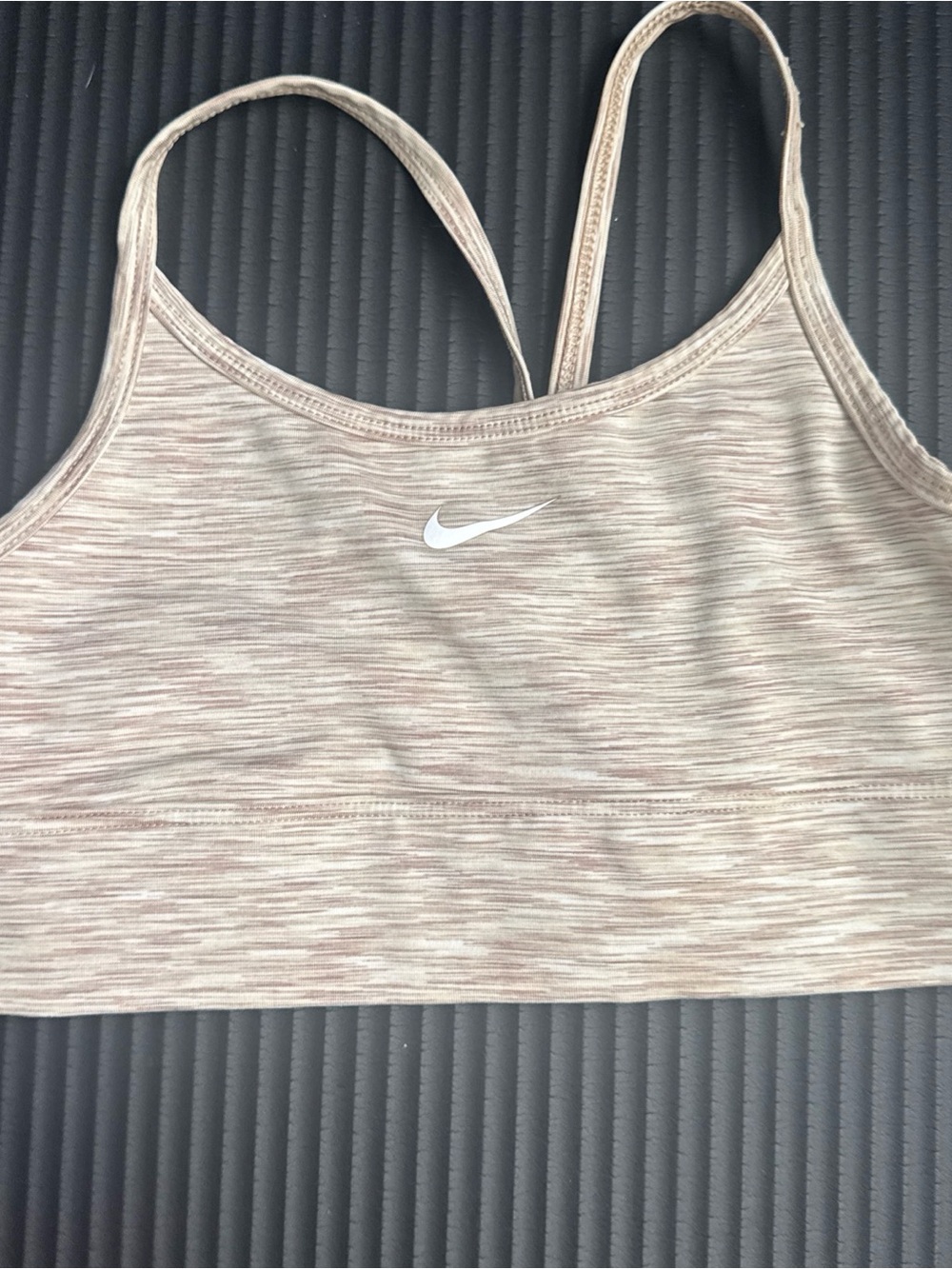 Nike kids Heathered Beige Strappy Sports Bra with White Swoosh